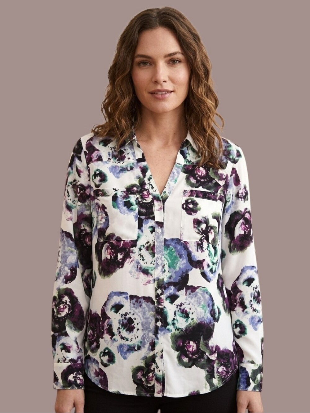 EXPRESS Floral Button-Up Blouse with colorful Flower Portofino Shirt size L